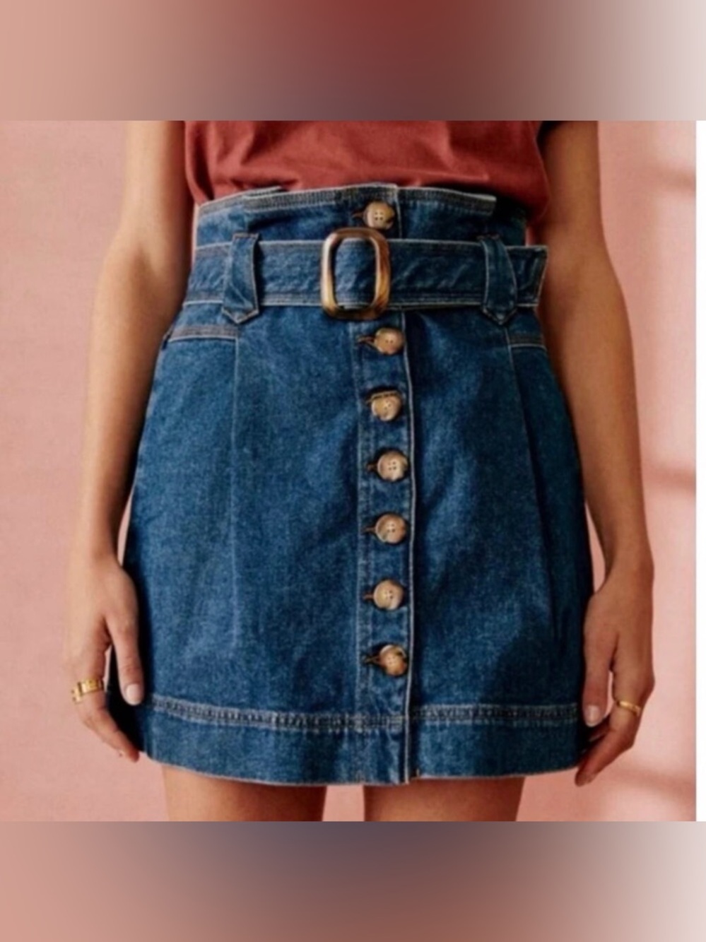 Sezane Jupe Hayden Blue Denim Button-Front Mini Skirt with Belt 38